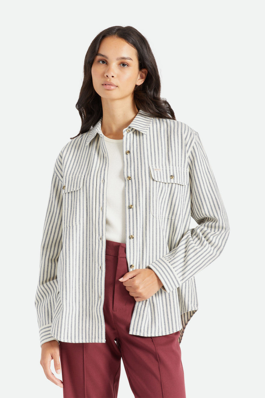 Brixton Bowery Boyfriend L/S Women's Flannels Stripes | 671DJFITH