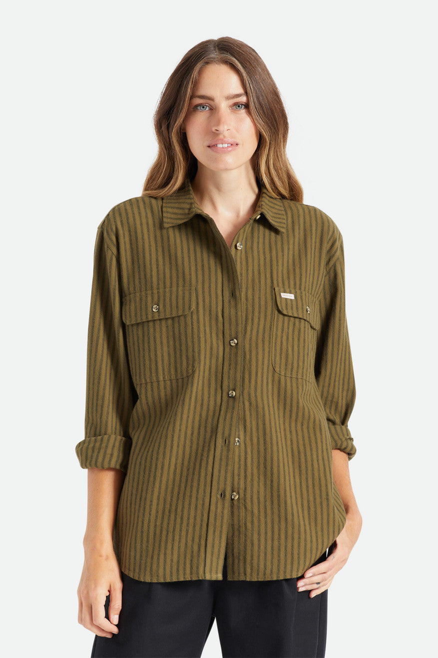 Brixton Bowery Boyfriend L/S Women's Flannels Olive | 693VSACJM