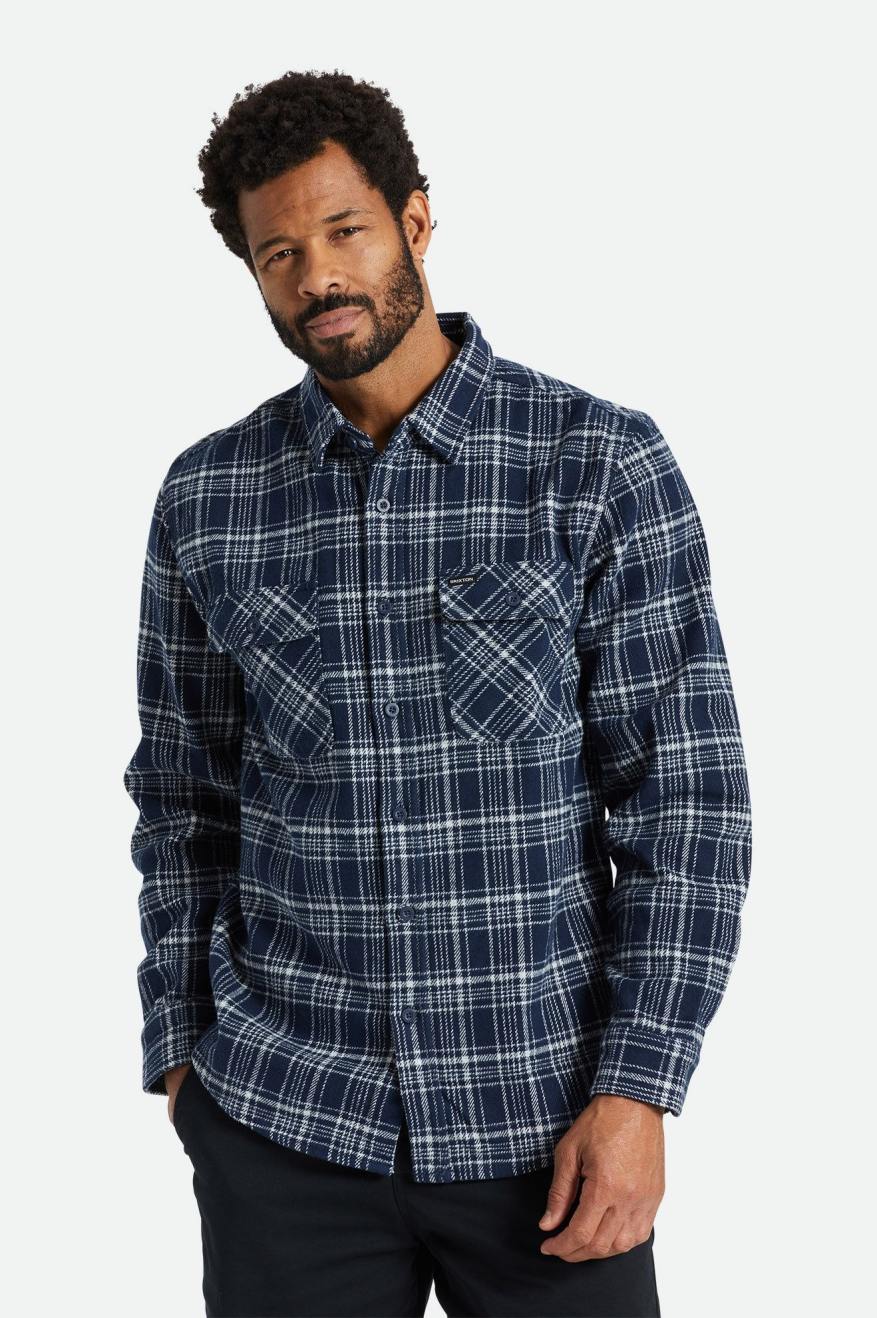 Brixton Bowery Heavy Weight L/S Men's Flannels Navy / Grey | 498OUMEIF