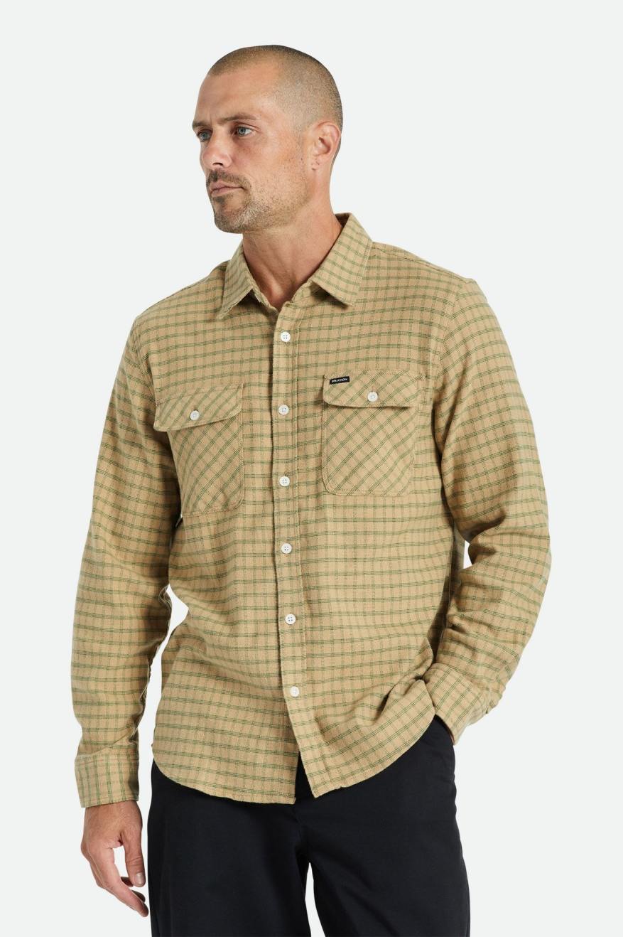 Brixton Bowery Stretch L/S Utility Men's Flannels Beige / Olive | 520JMOEKU