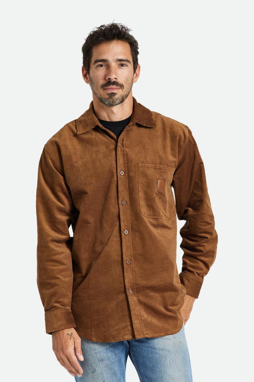 Brixton Porter L/S Waffle Corduroy Men's Wovens Brown | 342TURNBZ