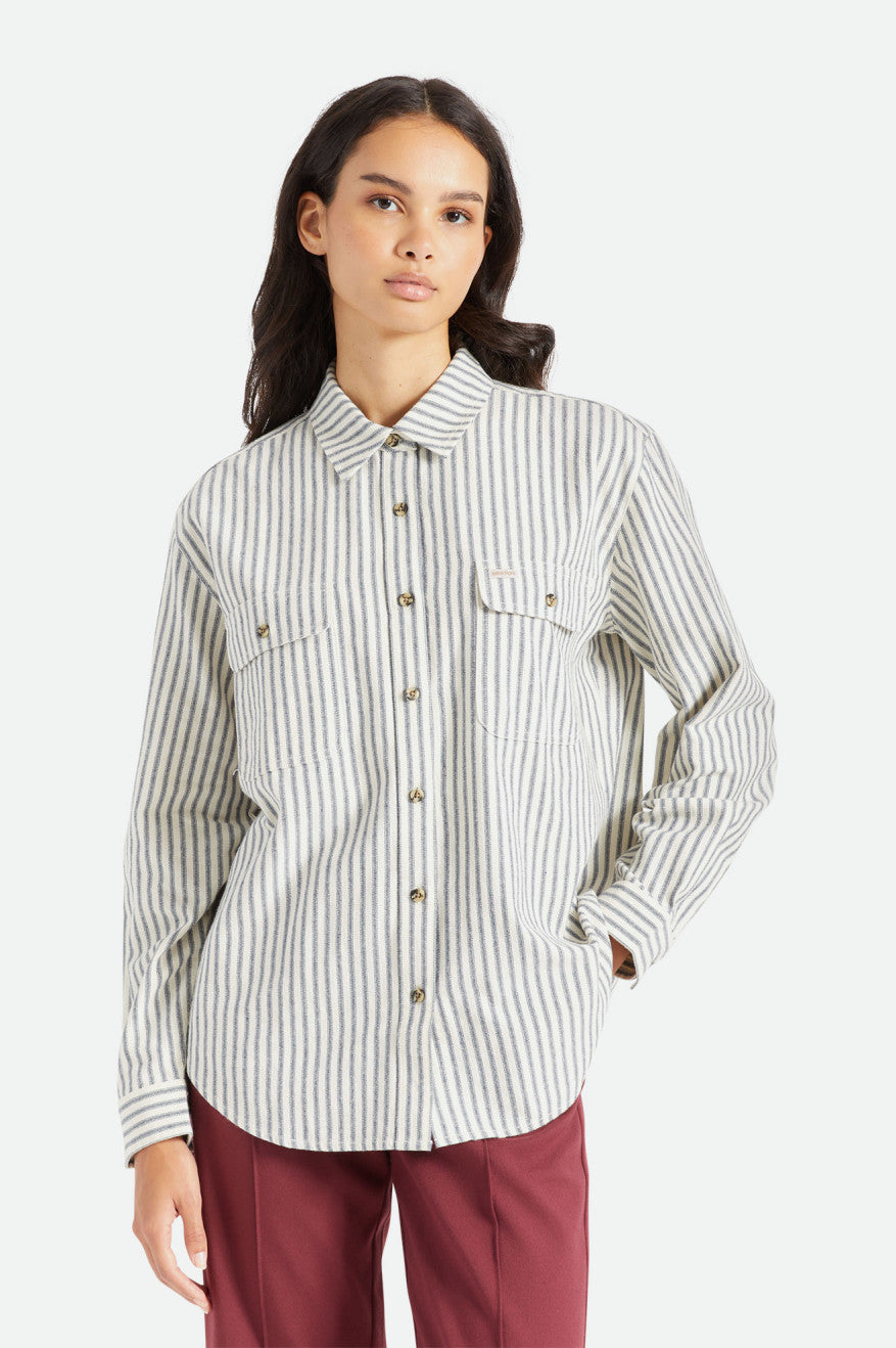 Brixton Bowery Boyfriend L/S Women's Flannels Stripes | 671DJFITH