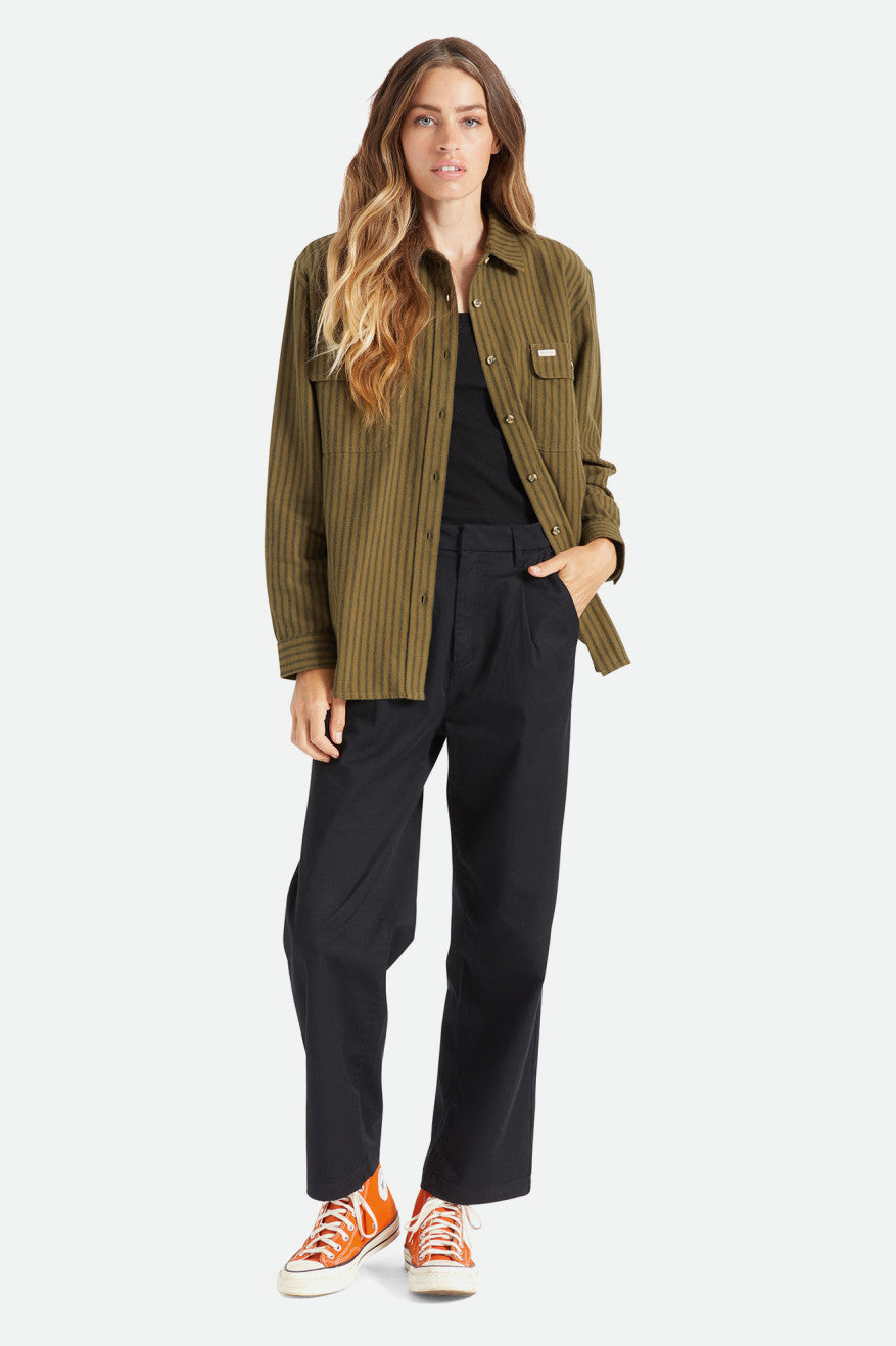 Brixton Bowery Boyfriend L/S Women's Flannels Olive | 693VSACJM