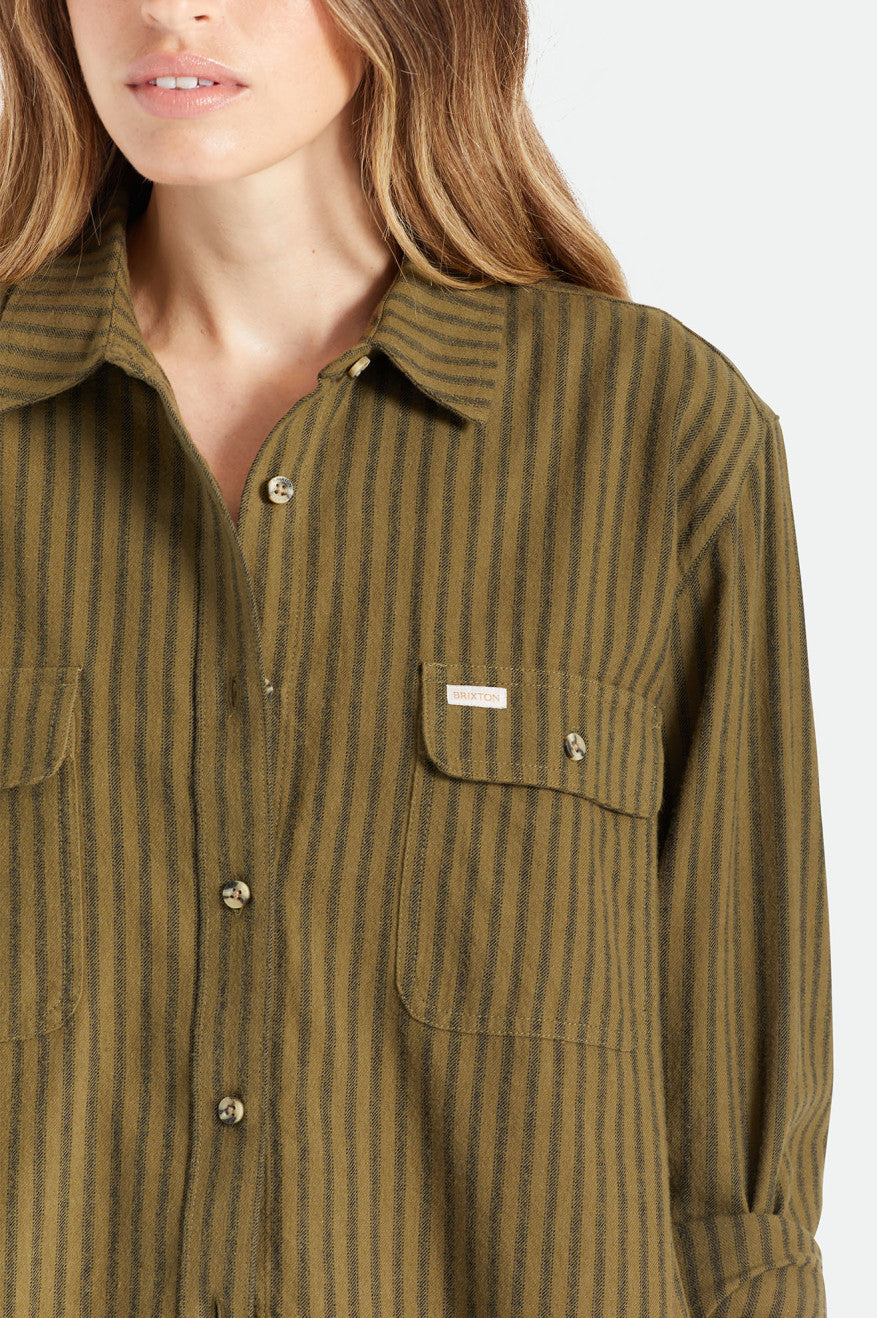 Brixton Bowery Boyfriend L/S Women's Flannels Olive | 693VSACJM