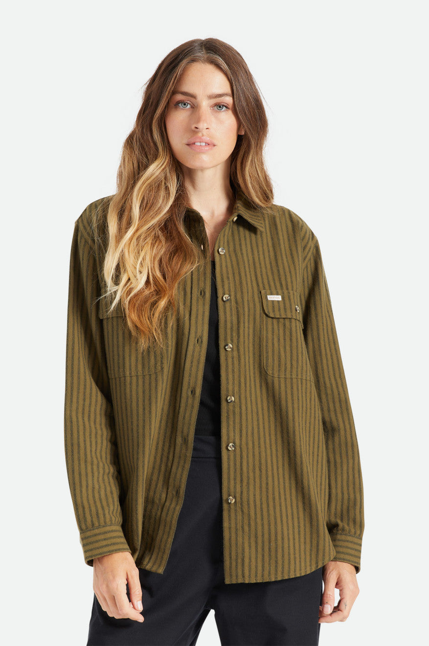 Brixton Bowery Boyfriend L/S Women's Flannels Olive | 693VSACJM