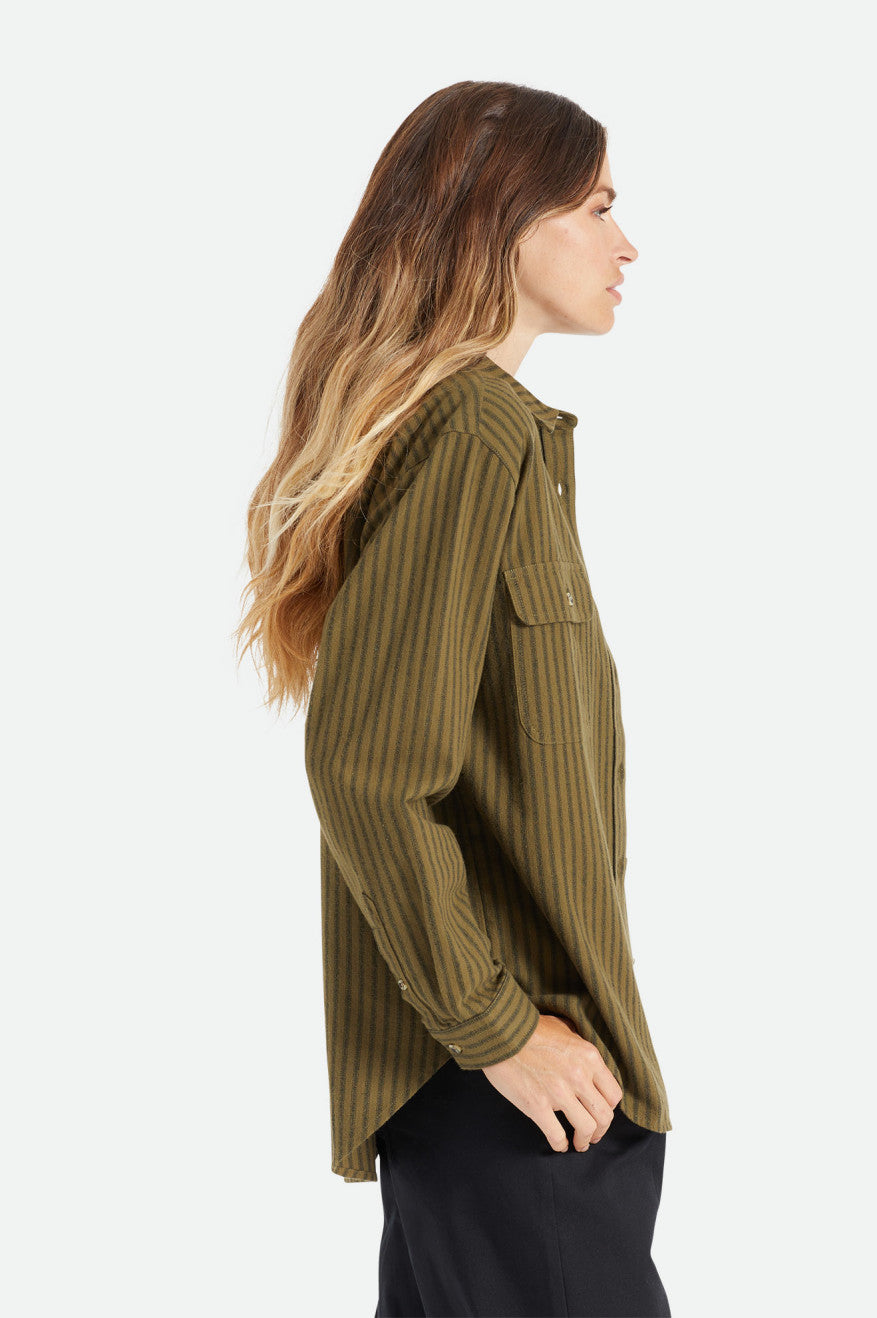 Brixton Bowery Boyfriend L/S Women's Flannels Olive | 693VSACJM