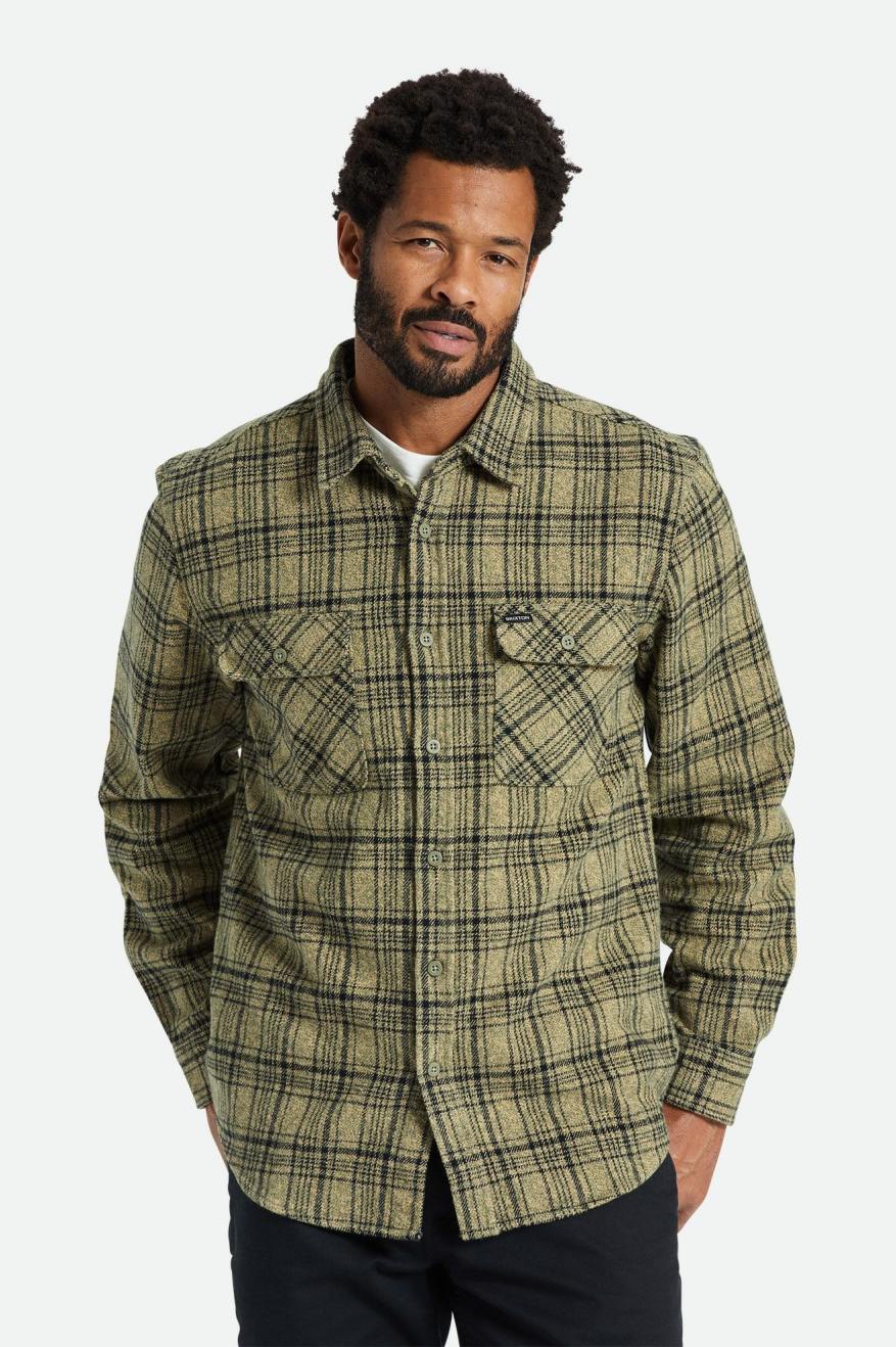 Brixton Bowery Heavy Weight L/S Men\'s Flannels Olive / Black | 016MGPXZD