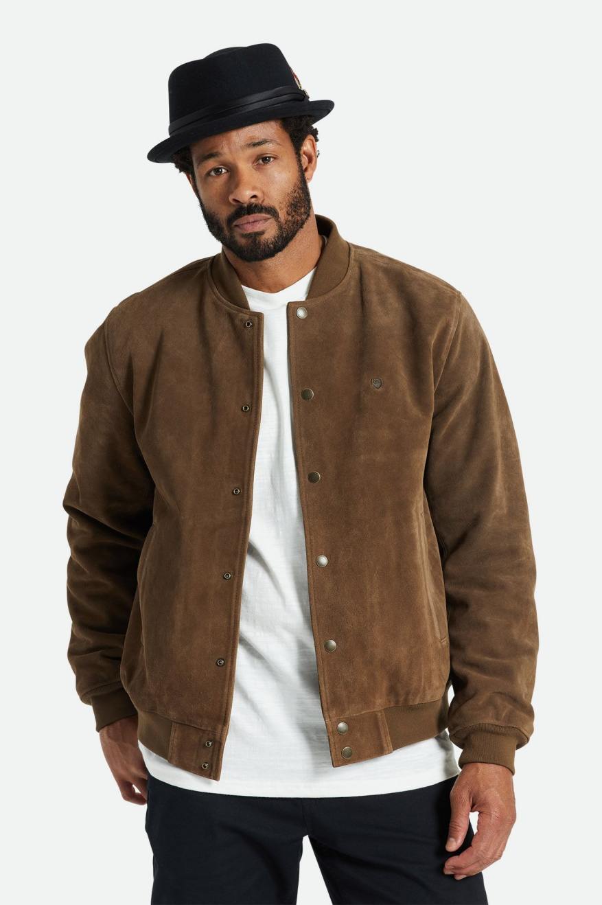 Brixton Dillinger Reserve Suede Bomber Men's Jackets Brown | 570UWITXR