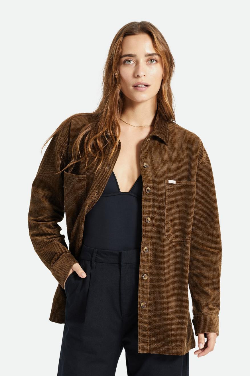 Brixton Dundee Corduroy Overshirt Women's Tops Brown | 607KVQZOD